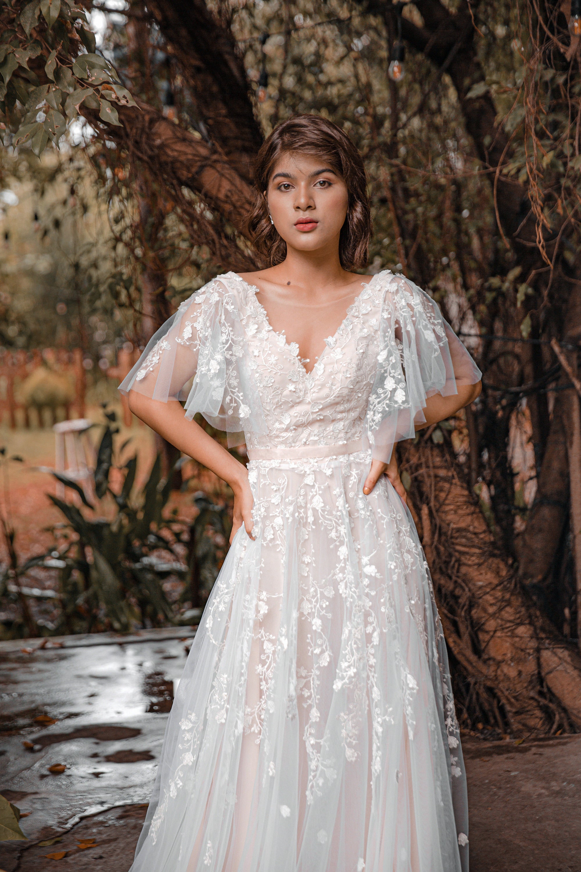 Wedding Dress Flutter Sleeve Gown 9890: Beaded Tulle A-Line Gown With Illusion Flutter Sleeves Wedding Dress Flutter Sleeve Gown 9890: Beaded Tulle A-Line Gown With Illusion Flutter Sleeves