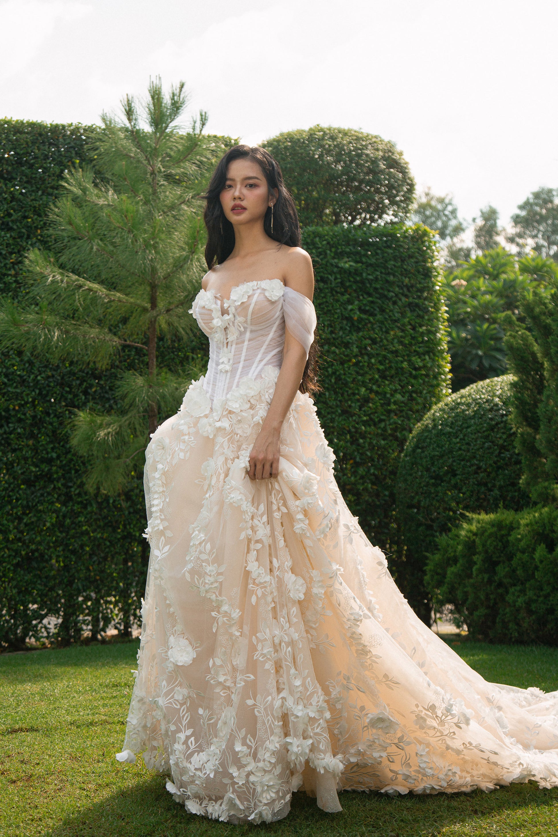 basque waist dress Cottagecore Aline Wedding Dress 3D Floral Basque Waistline |Mazal gown – Selfa Bridal
