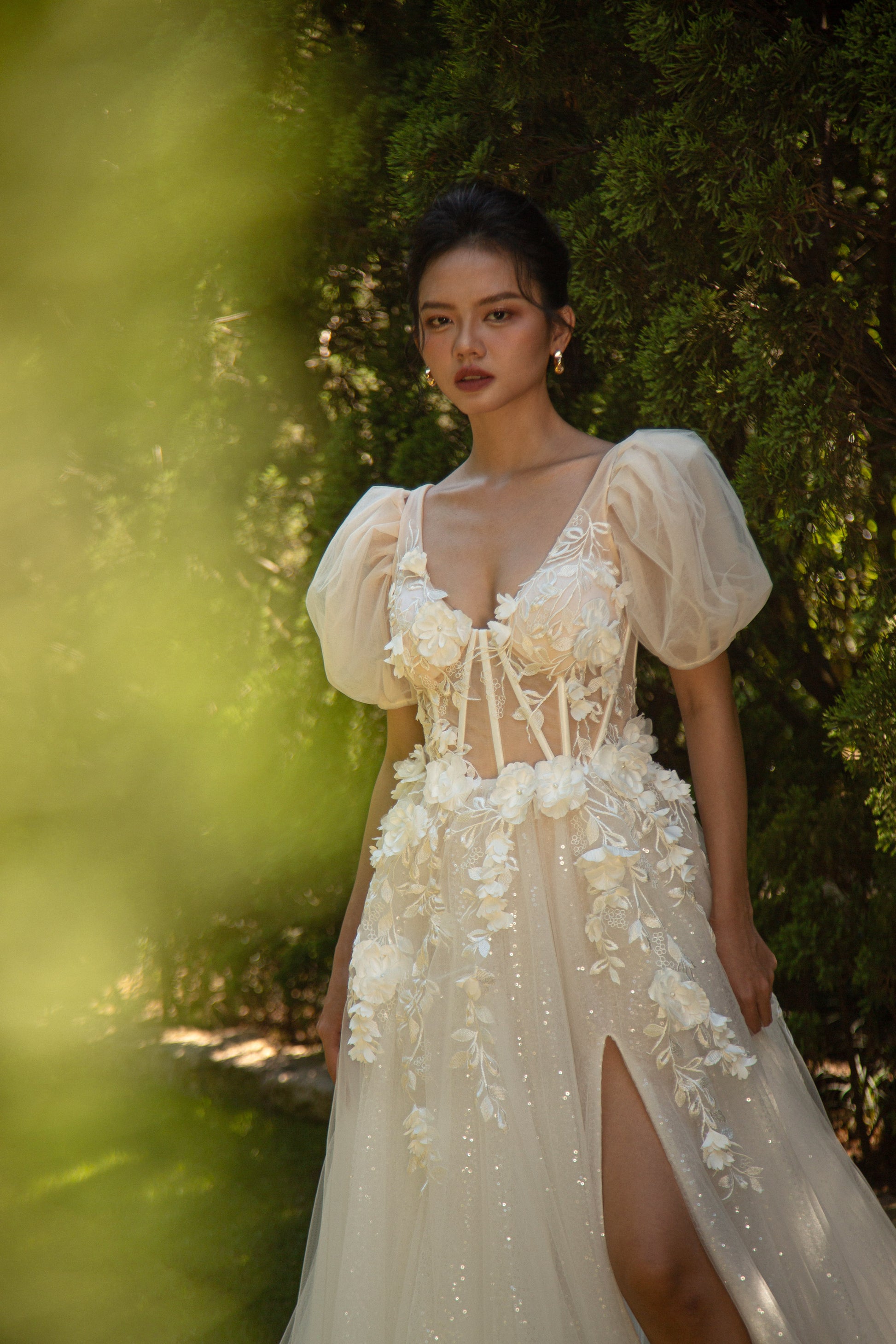 3D Flowers Aline Wedding Dress Puff Sleeves V neck | Gefen Bridal Gown Selfa Bridal 3D Flowers Aline Wedding Dress Puff Sleeves V neck | Gefen Bridal Gown Selfa Bridal
