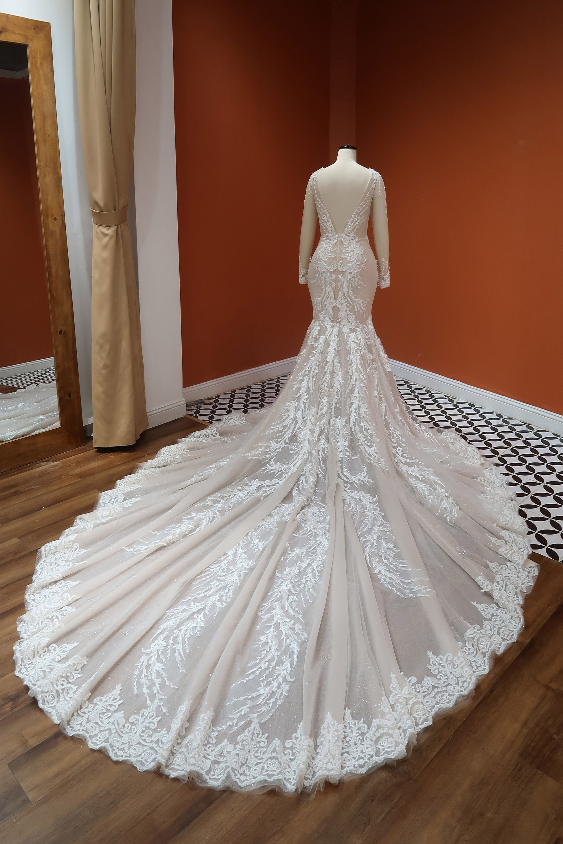 Collins Mermaid Wedding Dress with Long Sleeve V-neck & Open Back Selfa Bridal Collins Mermaid Wedding Dress with Long Sleeve V-neck & Open Back Selfa Bridal