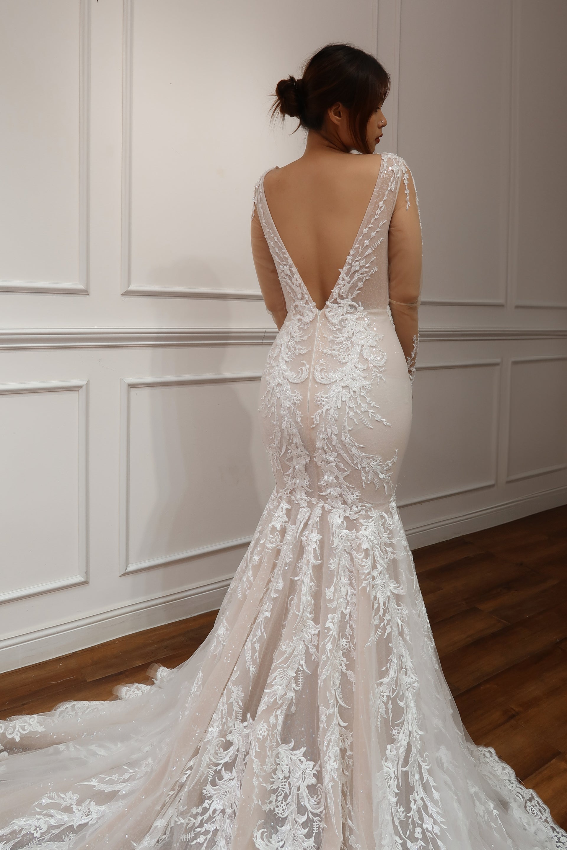 Collins Mermaid Wedding Dress with Long Sleeve V-Neck & Open Back Collins Mermaid Wedding Dress with Long Sleeve V-Neck & Open Back