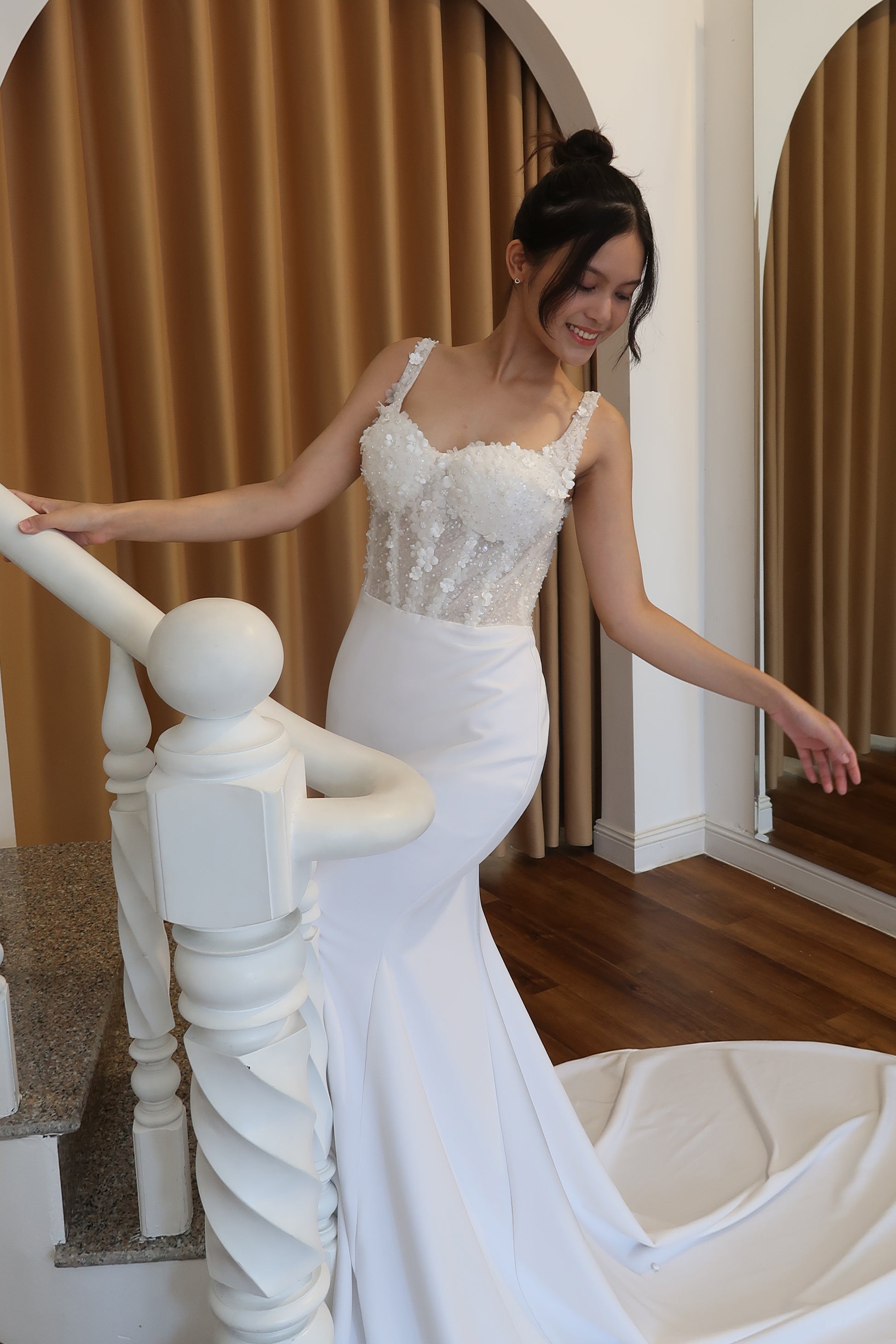 samantha wedding dress designer Meet Maelle , Where timeless elegance meets modern romance. Crafted in luminous satin with a sculpted corset bodice, a graceful basque waist, & paired with a breathtaking lace cathedral veil, Maelle