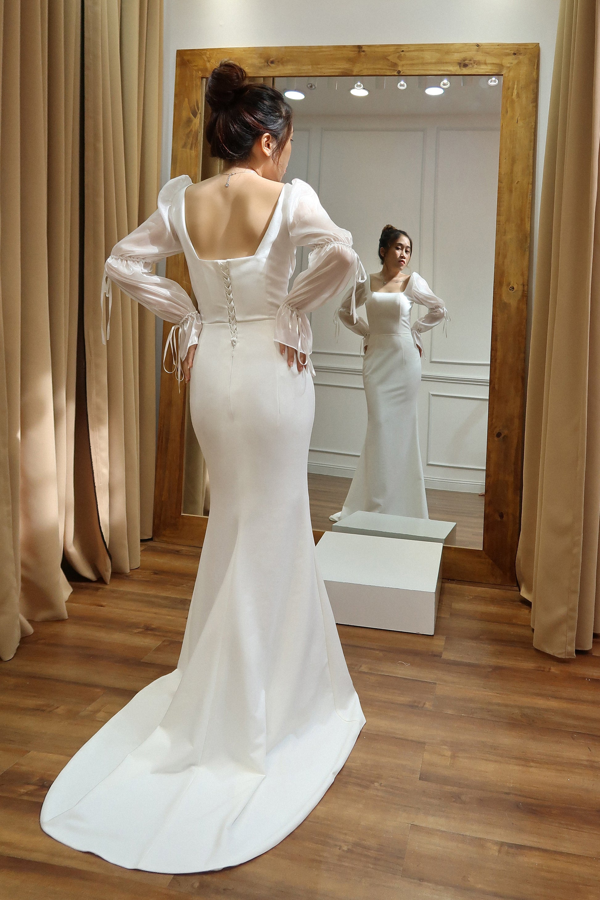 Delilah Minimalist Wedding Reception Dress with Statement Sleeve Delilah Minimalist Wedding Reception Dress with Statement Sleeve